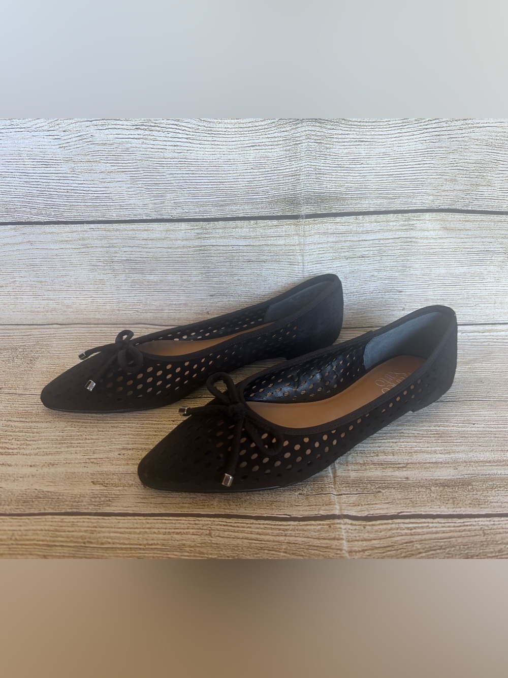 Franco Sarto Shari Women’s Black Suede Perforated Bow Ballet Flats Slip-On 7.5